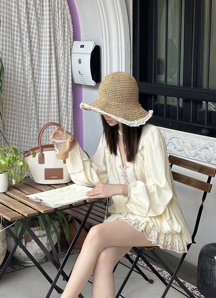 Beige Embroidered Boho Top