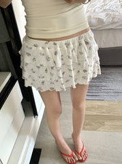 White Floral Cake Style Mini Skirt