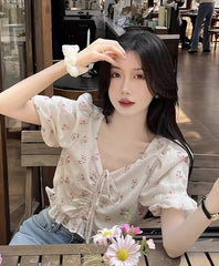 White Floral Drawstring Crop Top