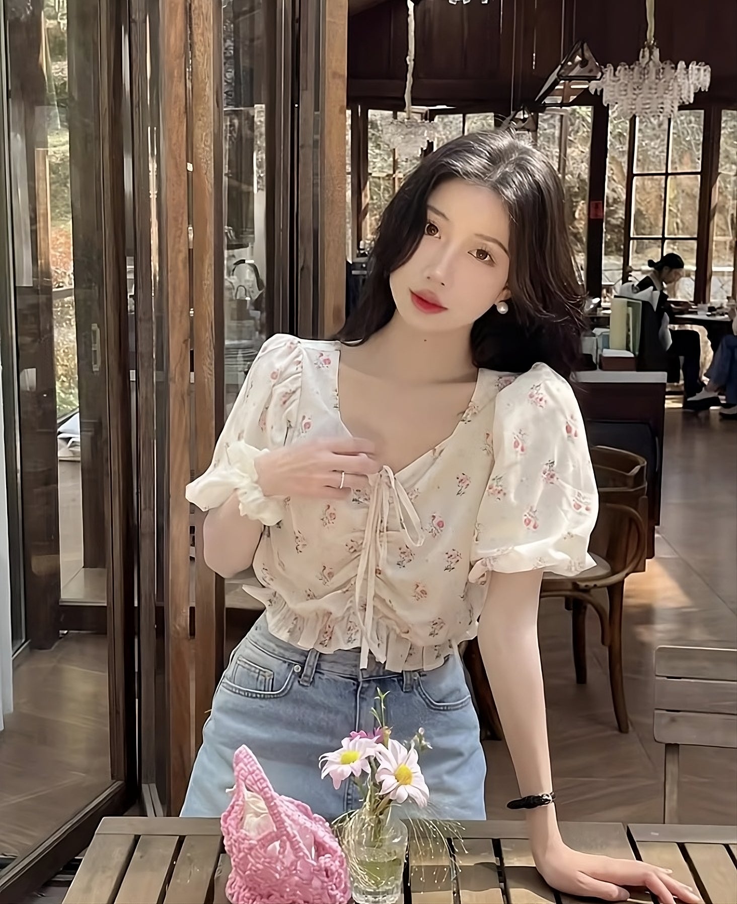 White Floral Drawstring Crop Top