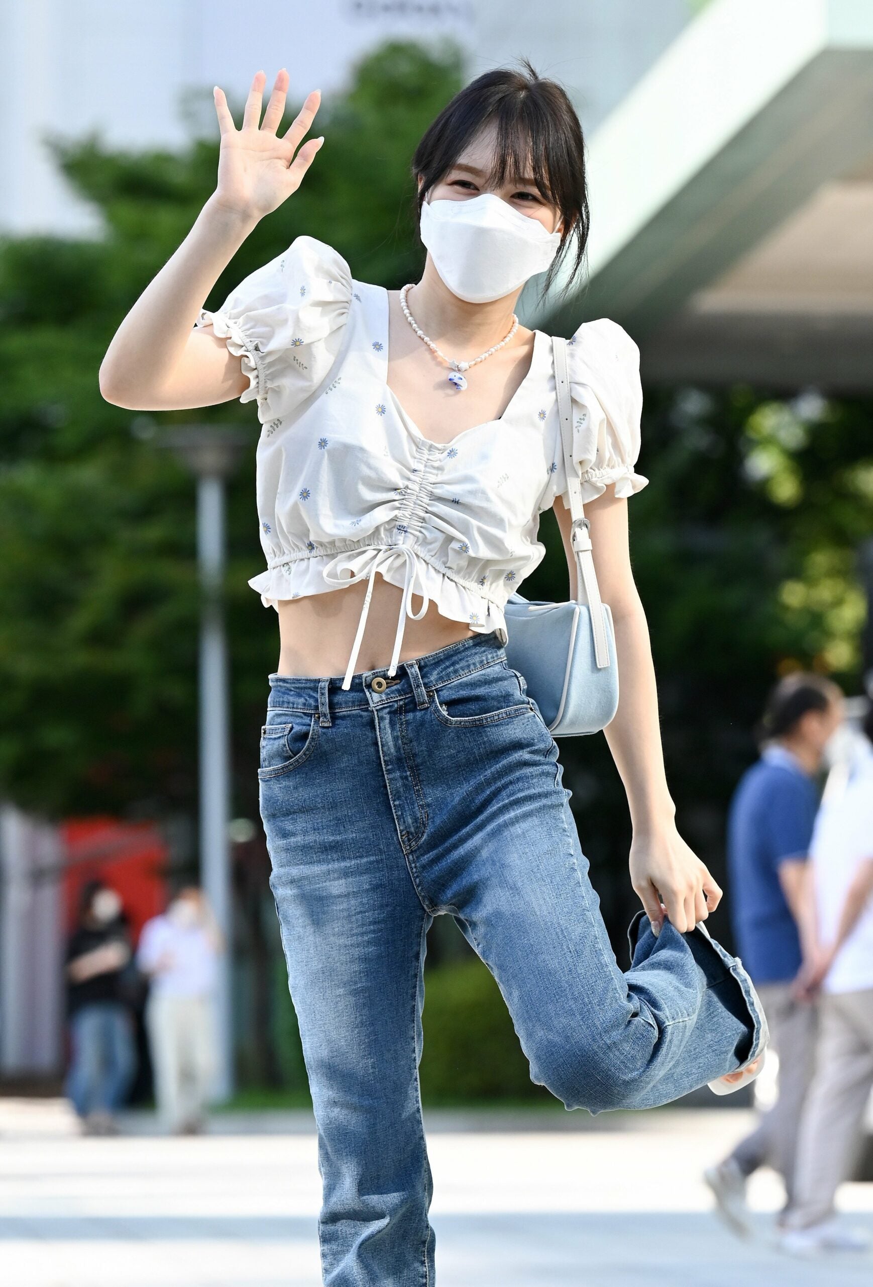 White Floral Drawstring Crop Top