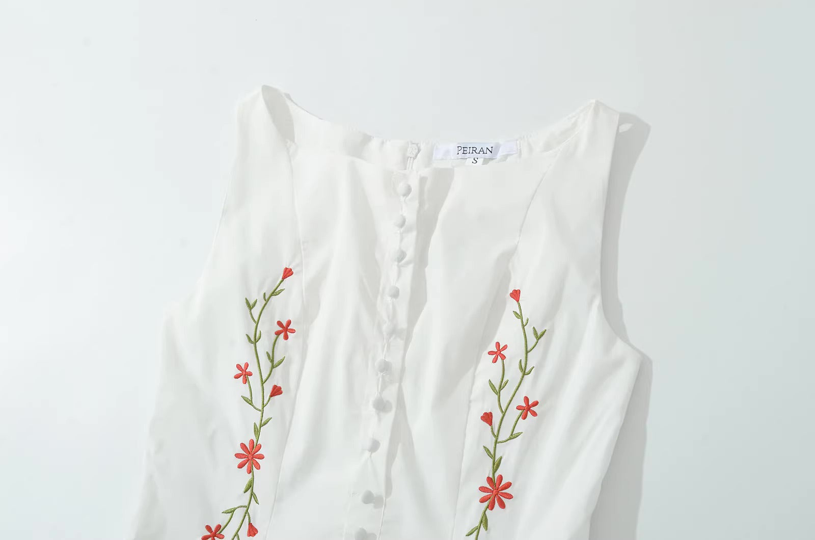 White Floral Embroidery Drop-Waist Dress