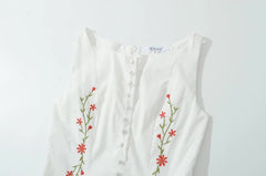White Floral Embroidery Drop-Waist Dress