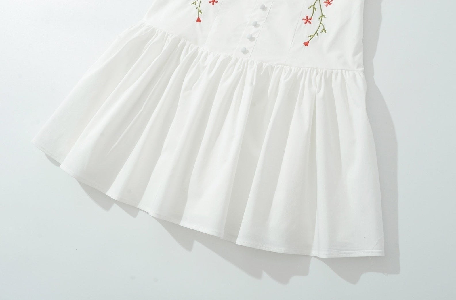 White Floral Embroidery Drop-Waist Dress