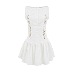 White Floral Embroidery Drop-Waist Dress