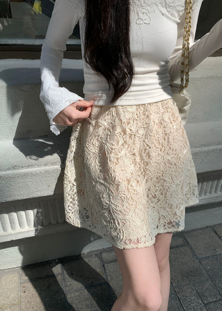 White Floral Lace A-Line Mini Skirt