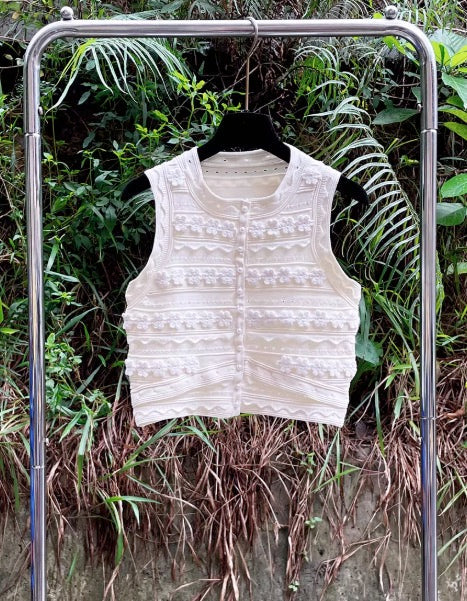 White Floral Lace Button Crop Top