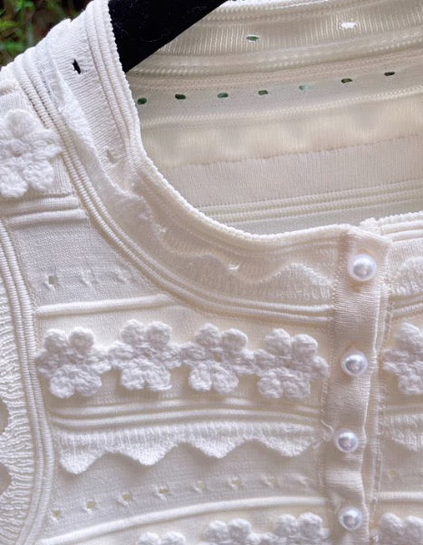 White Floral Lace Button Crop Top