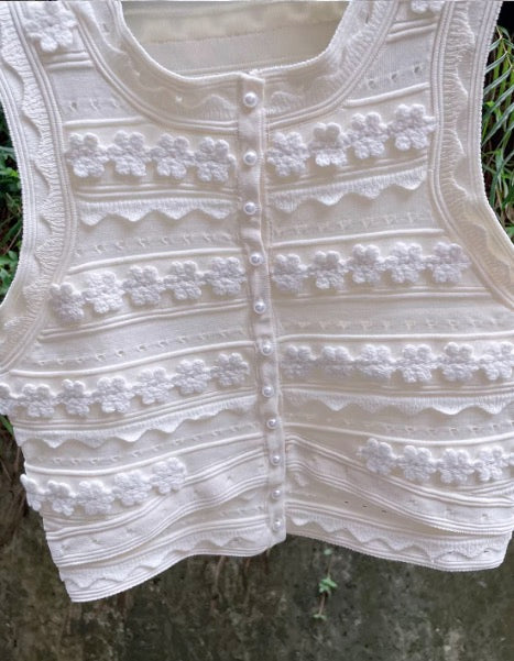 White Floral Lace Button Crop Top