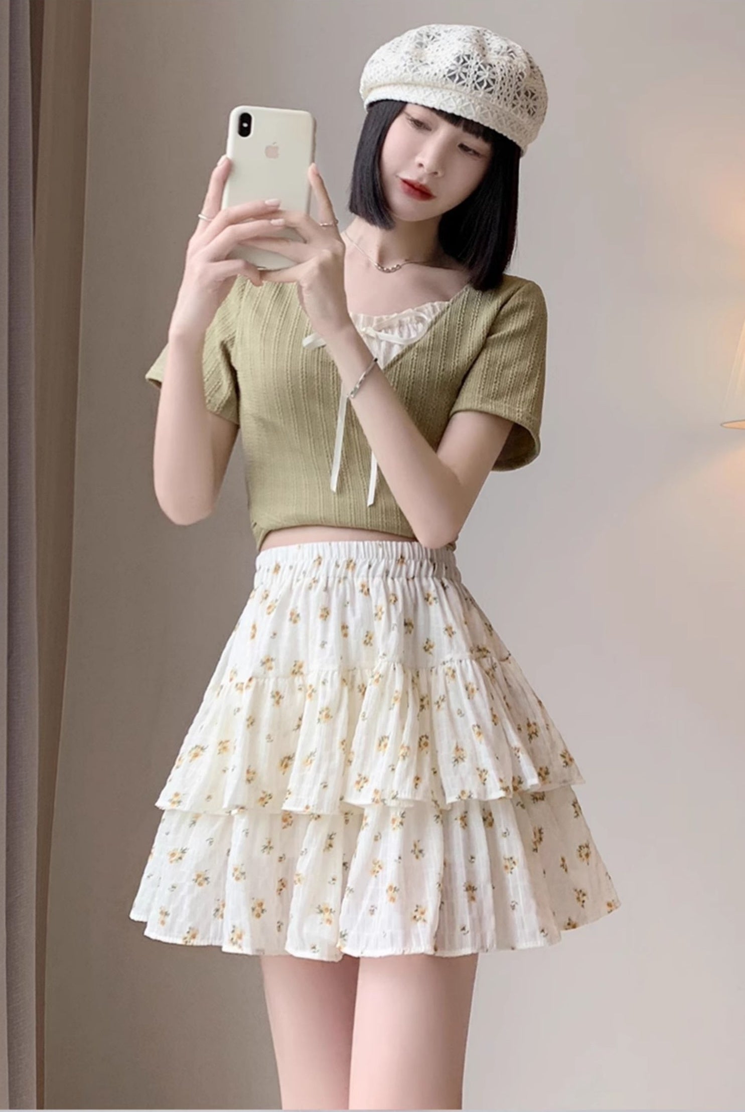White Floral Layered Skirt