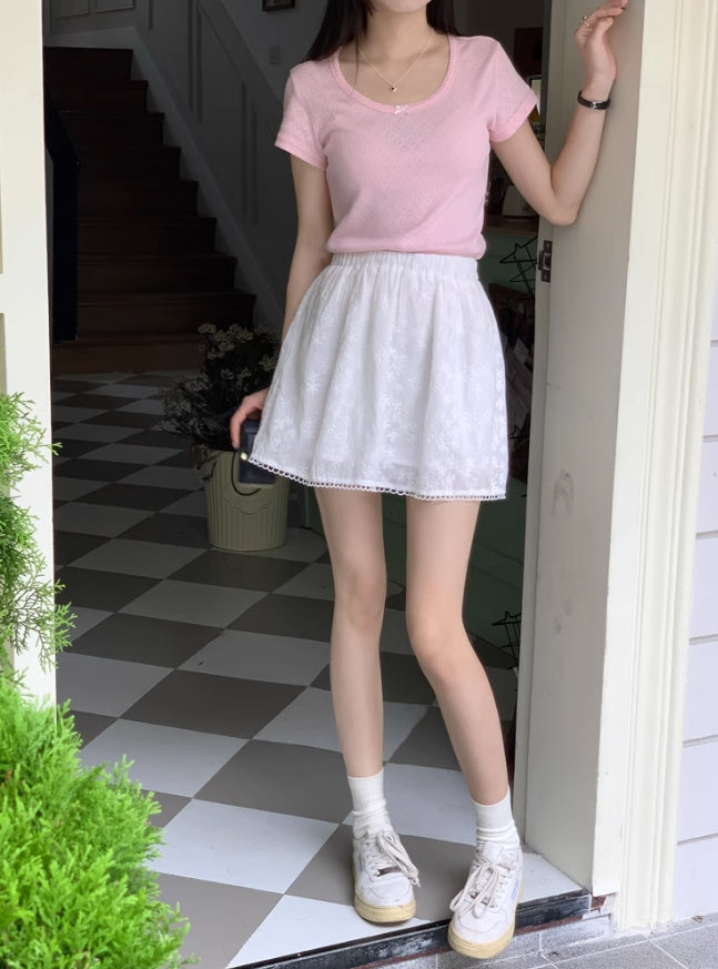 White Floral Pattern Lace Edge Skirt