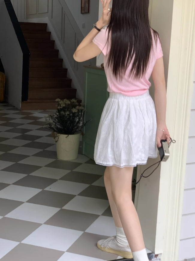 White Floral Pattern Lace Edge Skirt