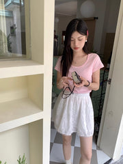 White Floral Pattern Lace Edge Skirt