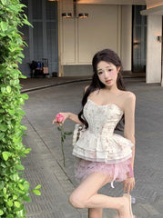 White Floral Peplum Corset Tube Top