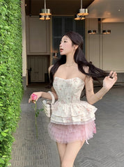 White Floral Peplum Corset Tube Top
