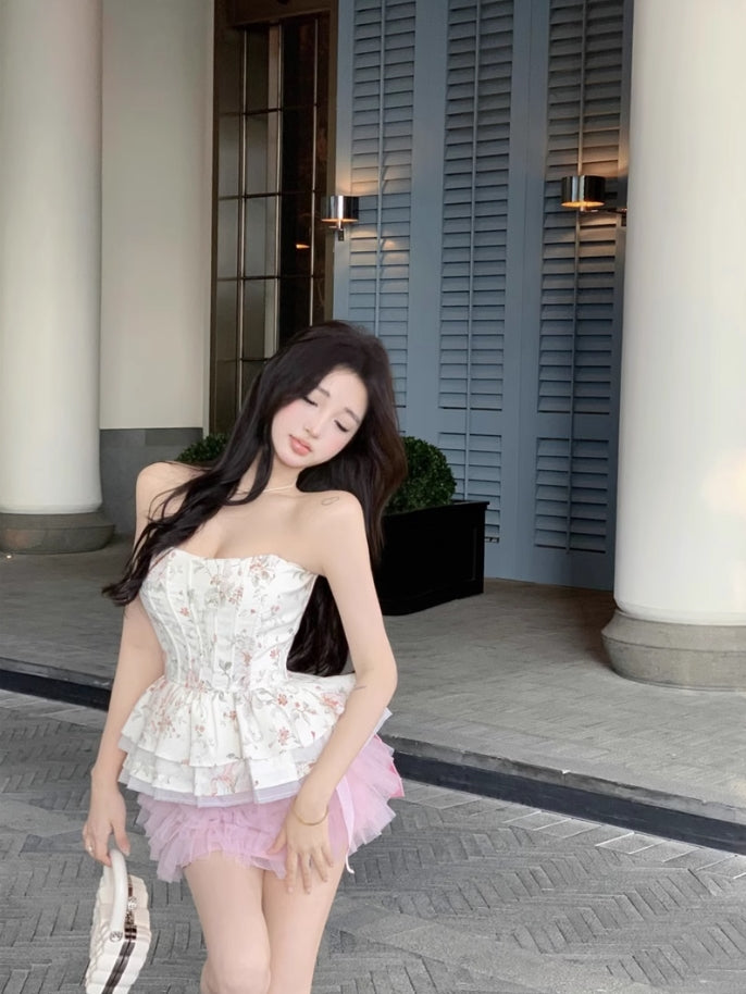 White Floral Peplum Corset Tube Top