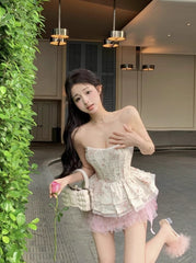 White Floral Peplum Corset Tube Top
