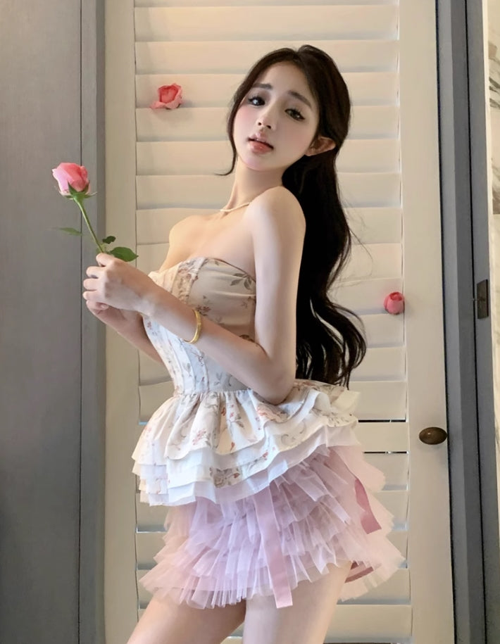 White Floral Peplum Corset Tube Top
