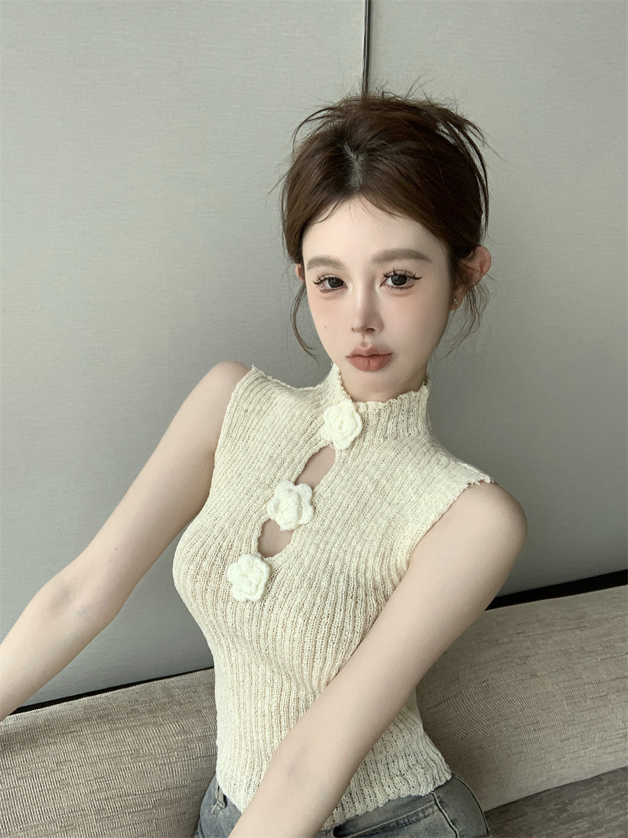 White Flower Accent Cutout Knit Top