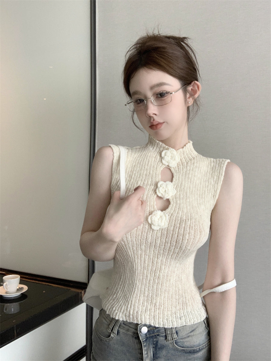White Flower Accent Cutout Knit Top