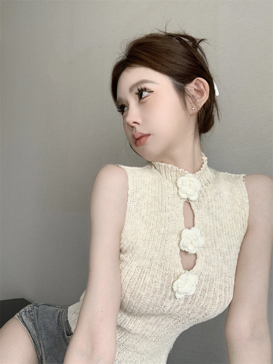 White Flower Accent Cutout Knit Top