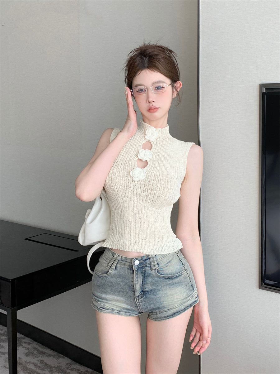 White Flower Accent Cutout Knit Top