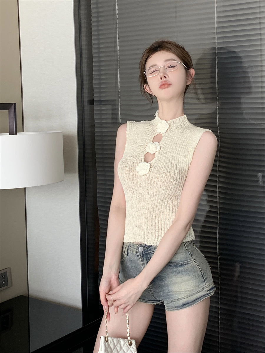 White Flower Accent Cutout Knit Top