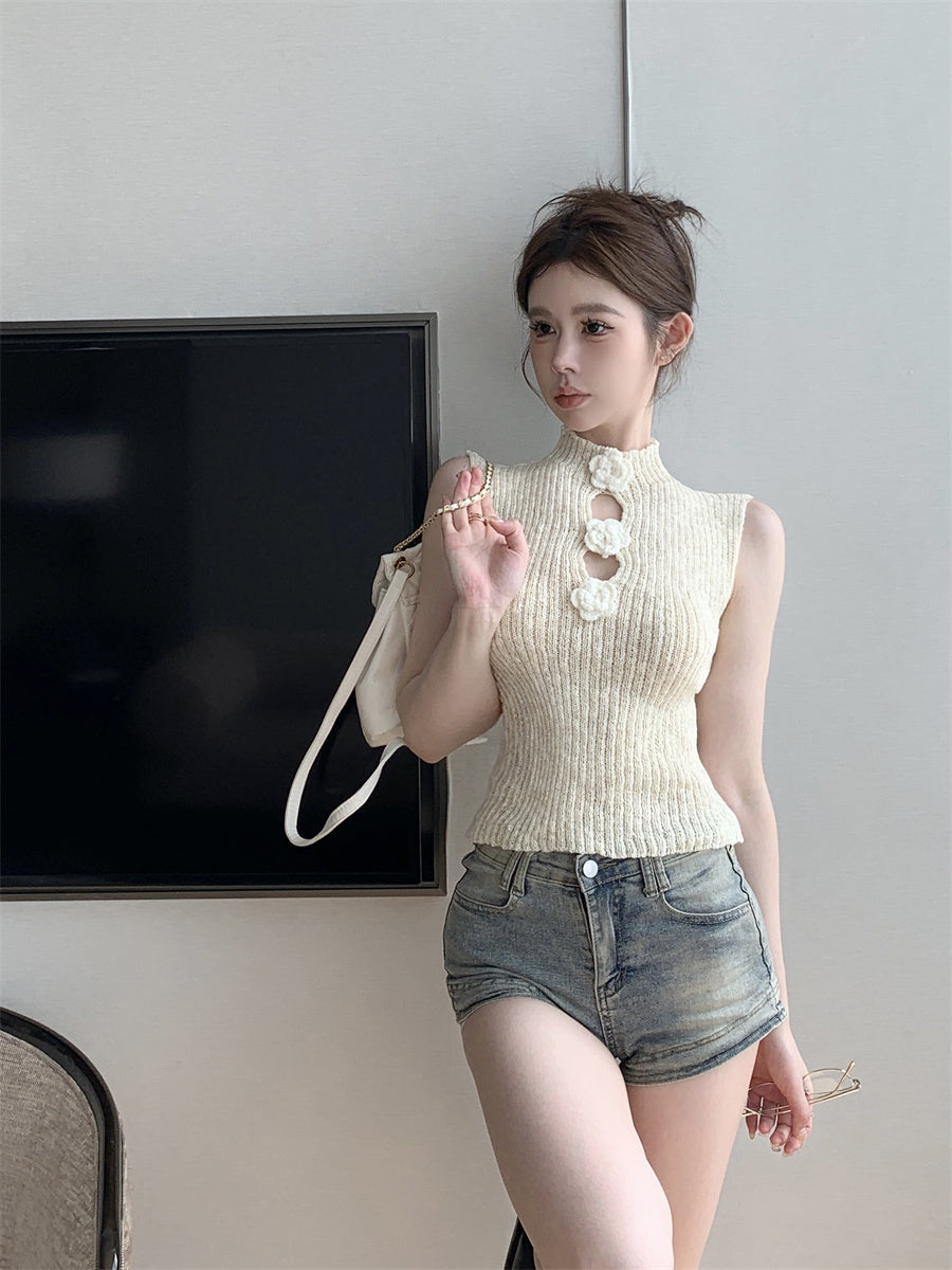 White Flower Accent Cutout Knit Top