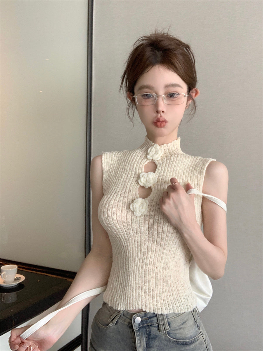 White Flower Accent Cutout Knit Top