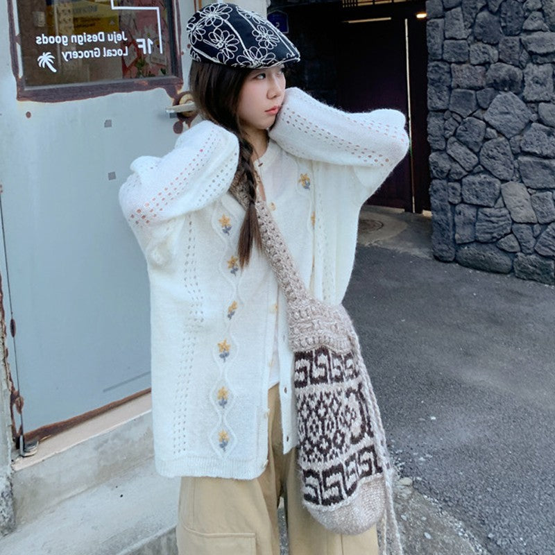 White Flower Embroidered Button-Up Cardigan