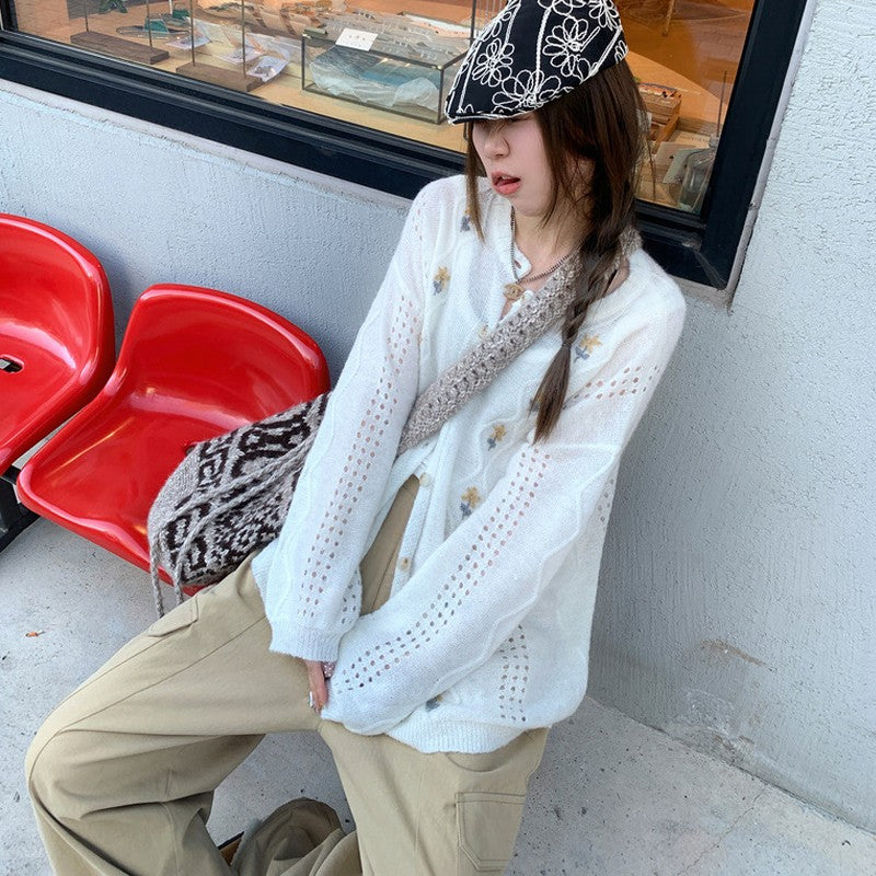 White Flower Embroidered Button-Up Cardigan