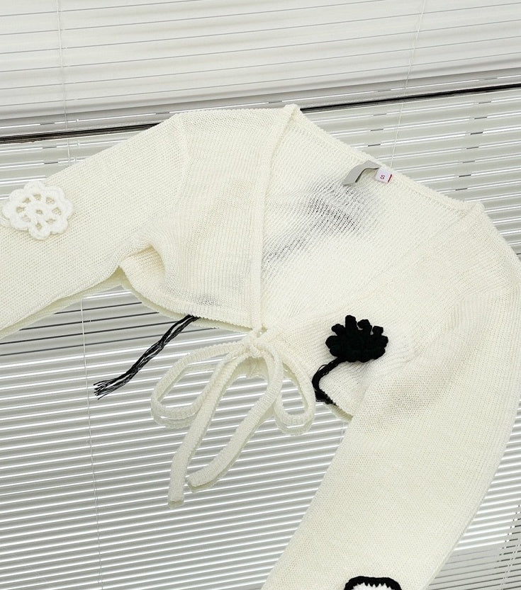White Flower Embroidered Crop Cardigan