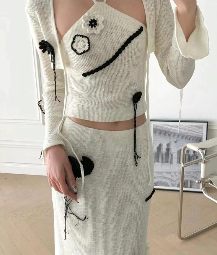 White Flower Embroidered Crop Cardigan