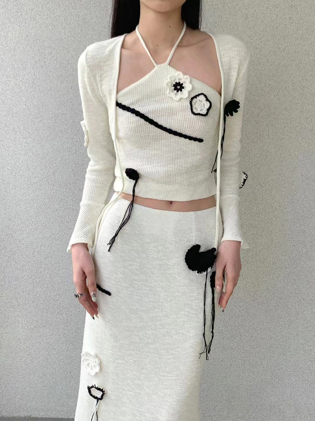White Flower Embroidered Crop Cardigan