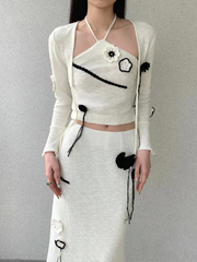 White Flower Embroidered Crop Cardigan