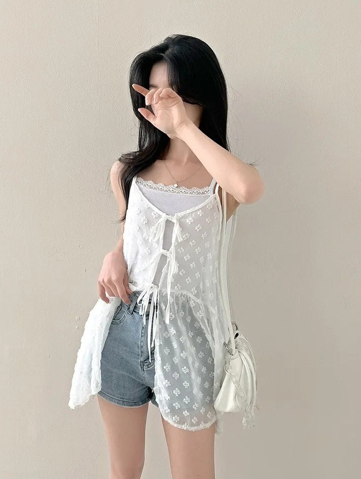 White Flower Mesh Sling Top