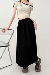 White Flowy Elastic Waist Midi Skirt