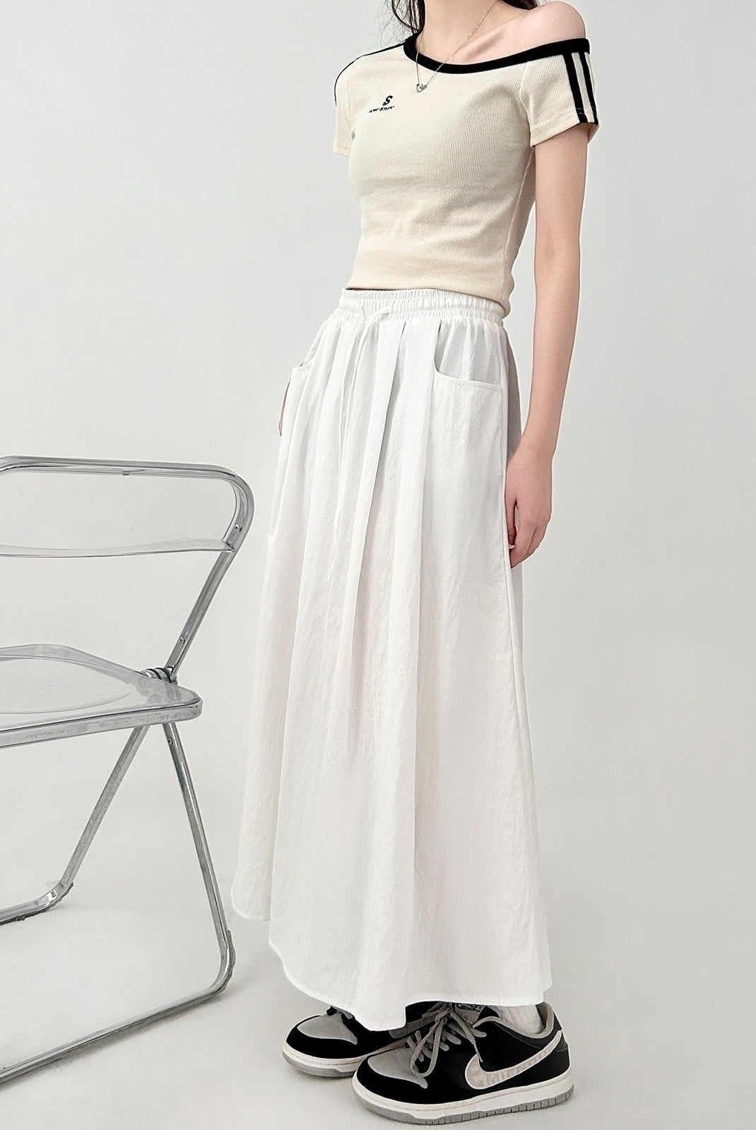 White Flowy Elastic Waist Midi Skirt