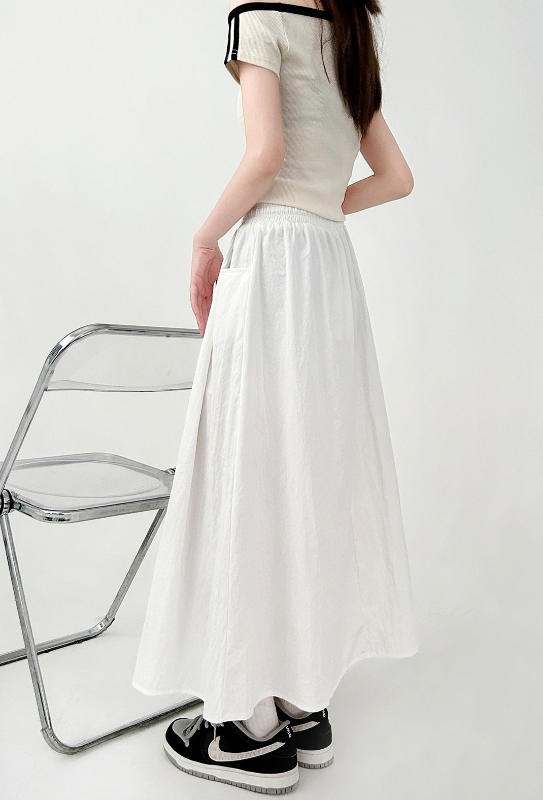 White Flowy Elastic Waist Midi Skirt