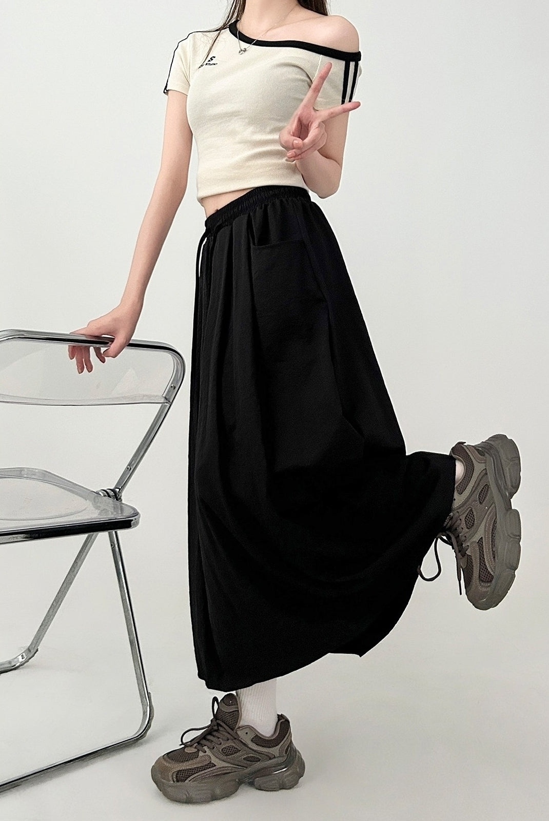 White Flowy Elastic Waist Midi Skirt