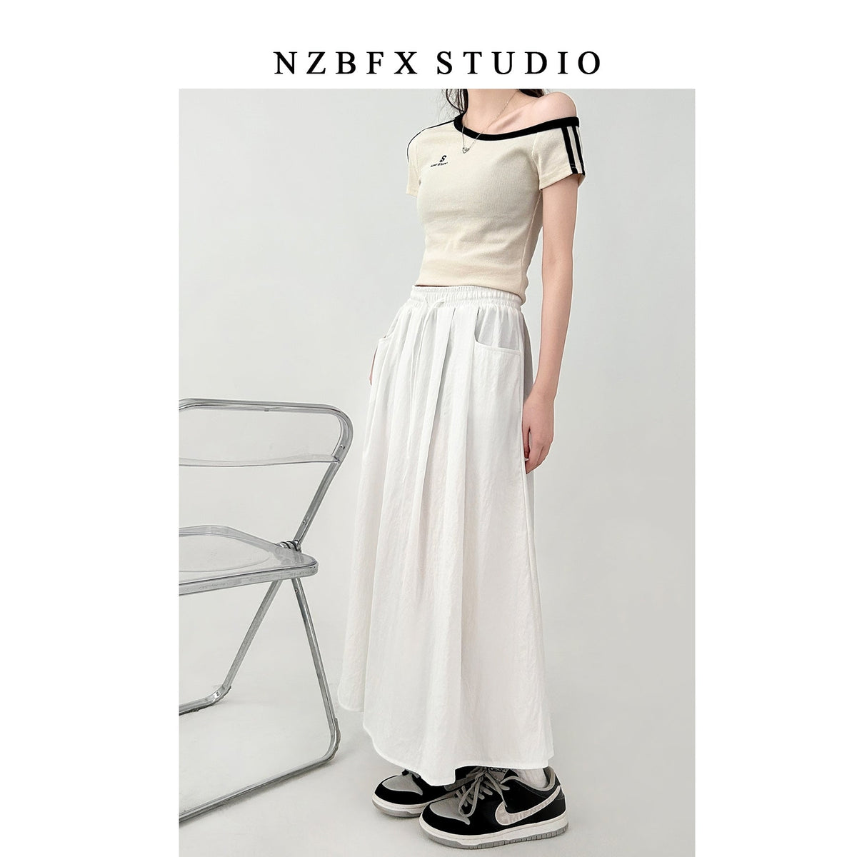 White Flowy Elastic Waist Midi Skirt