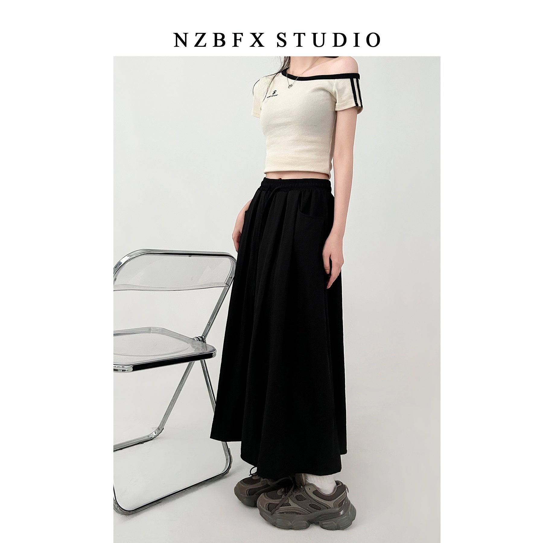 White Flowy Elastic Waist Midi Skirt