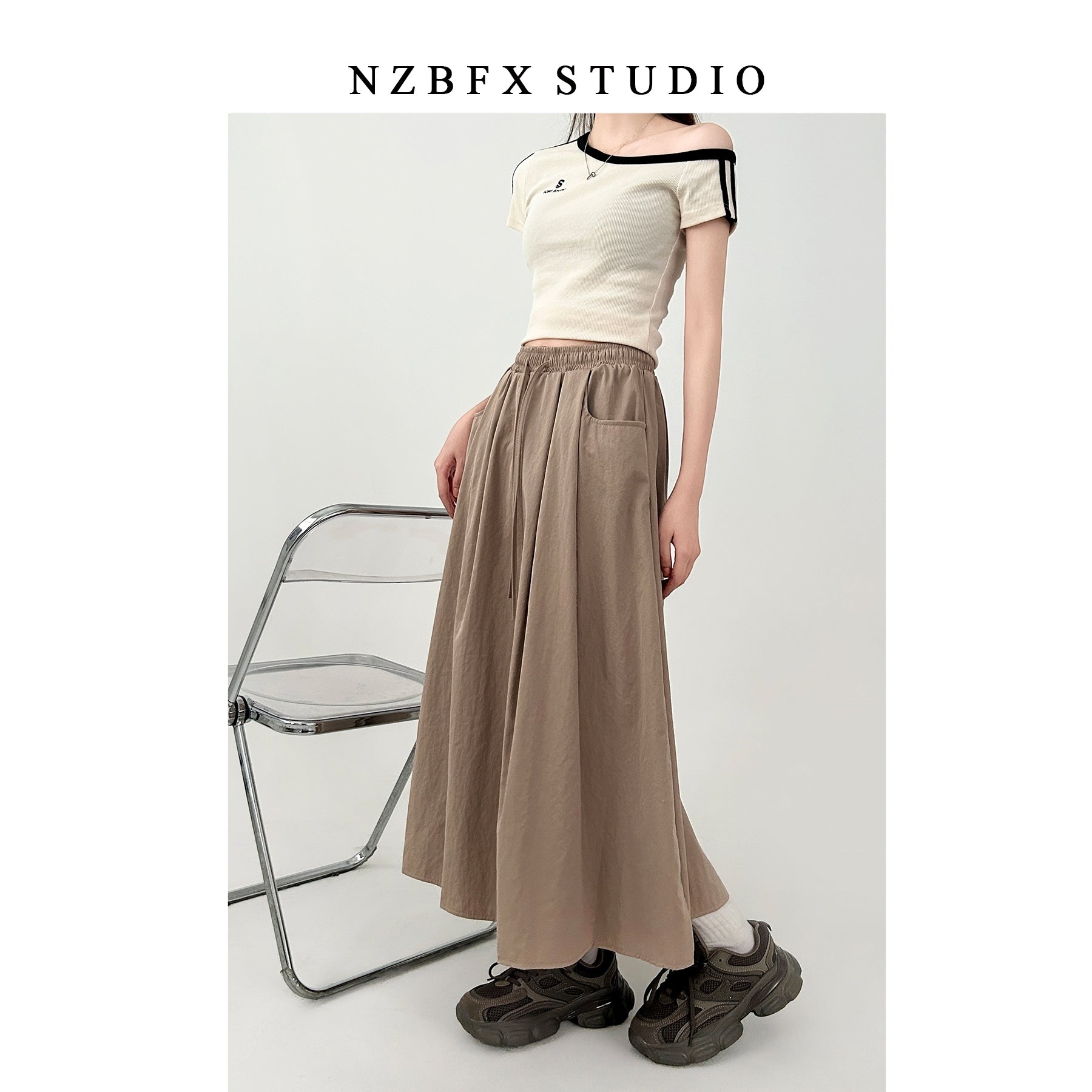 White Flowy Elastic Waist Midi Skirt