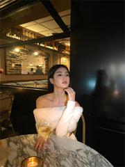 White Fur Wide Off-Shoulders Top