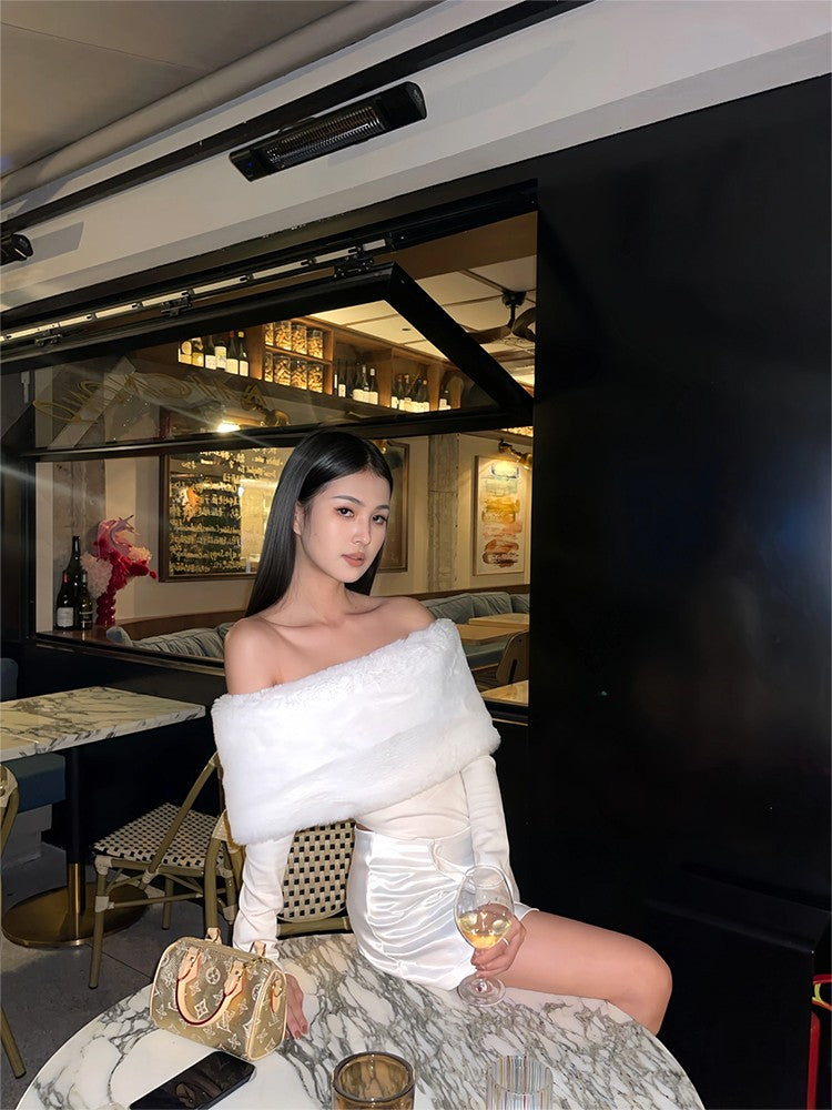 White Fur Wide Off-Shoulders Top