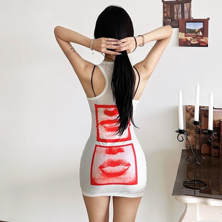 White Graphic Eye Print Sheer Dress
