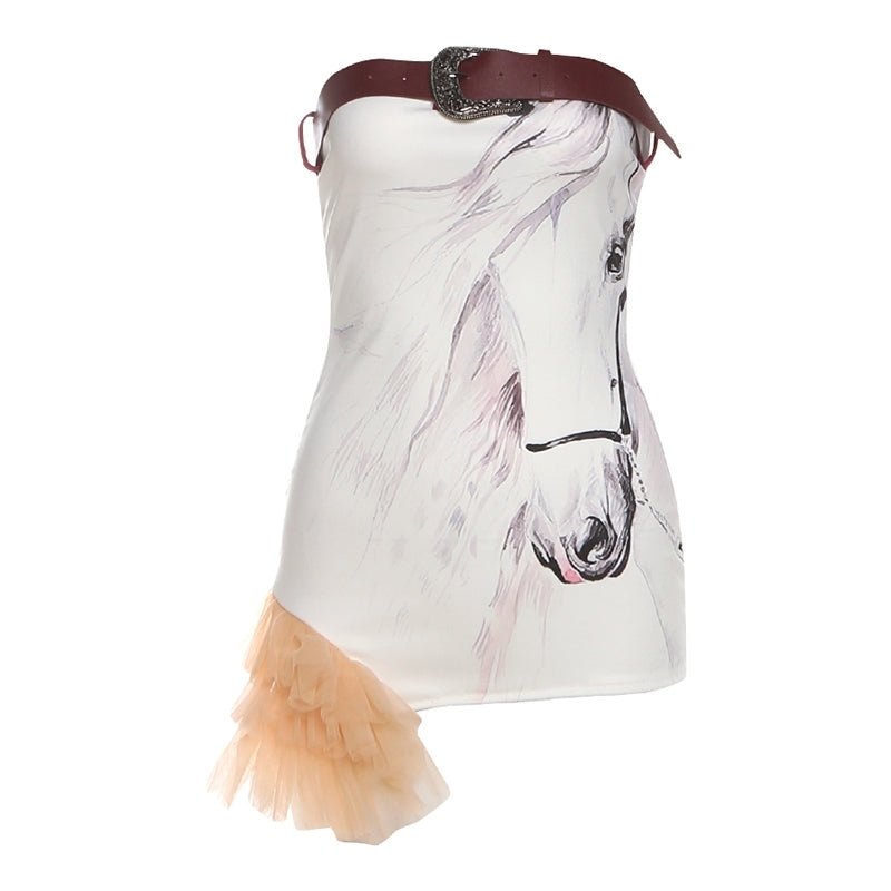 White Graphic Horse Print Buckled Mini Dress