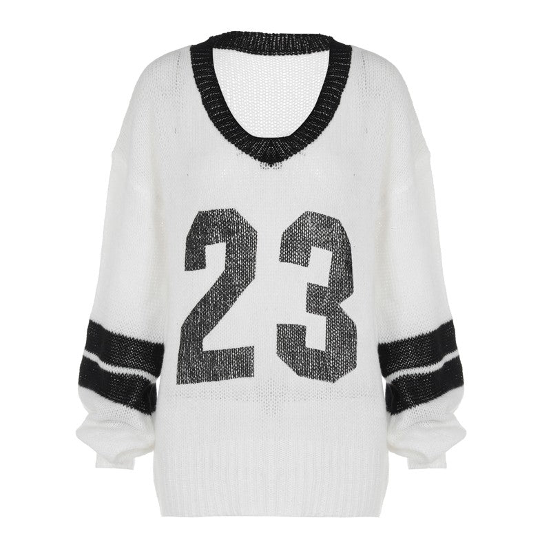 White Graphic Number Jersey Style Sweater