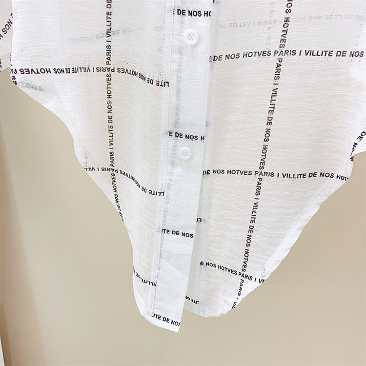White Grid Text Print Shirt