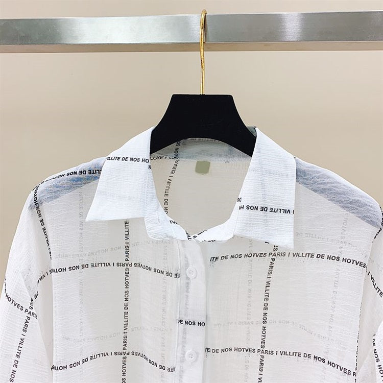 White Grid Text Print Shirt